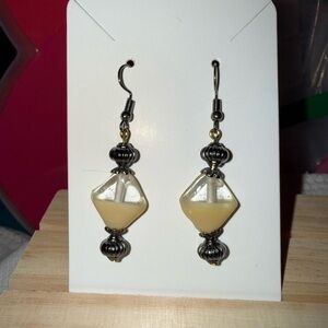 Elegant Cream and Gunmetal Dangle Earrings